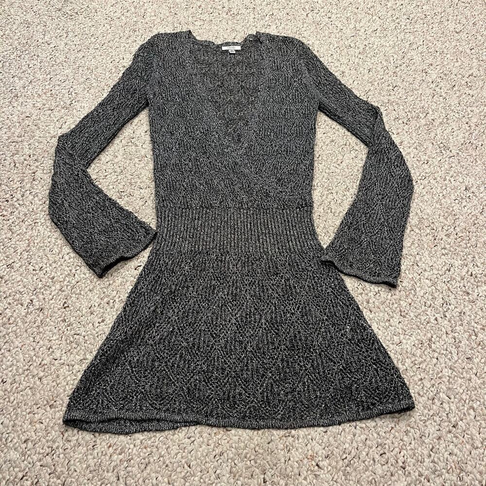Cache Open Knit V Neck Sweater Mini Dress S Silver Metallic Crochet Retro Casual